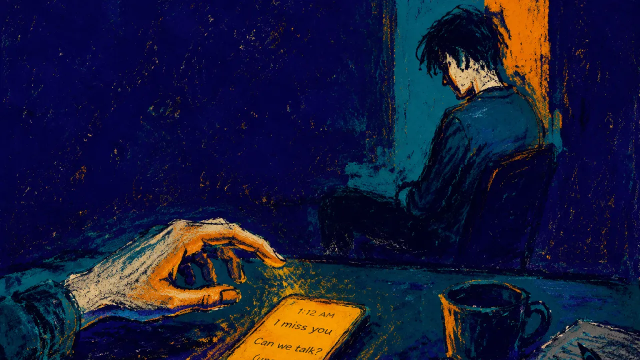 Frozen Above the Unsent Words An enclosed figure sits in a doorless room, one hand frozen above a glowing phone as amber light meets cold teal shadow.