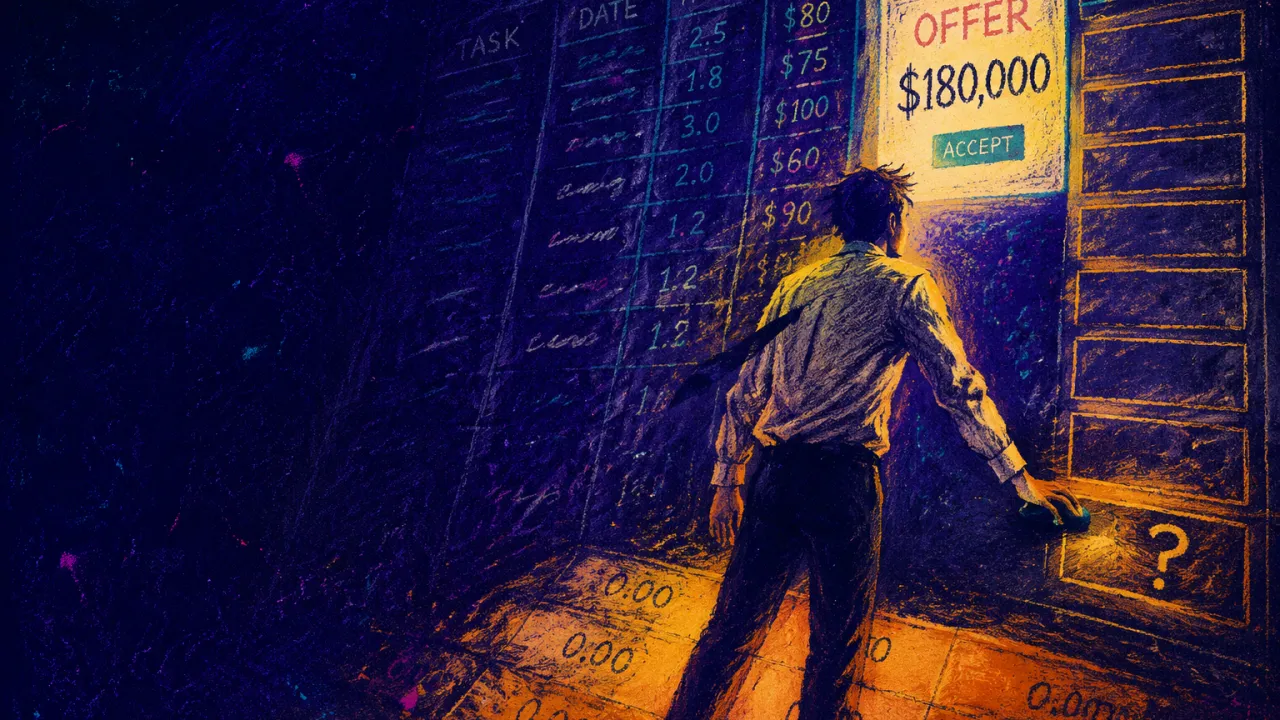 A figure enclosed by spreadsheet columns before a bright offer screen, blank floor cells fading from amber into indigo.