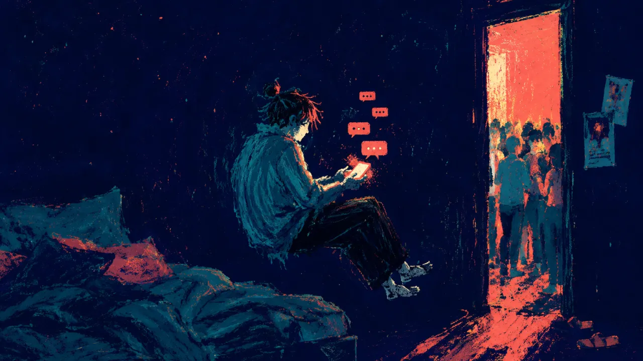 Neither Resting Nor Arriving A hovering figure between an unmade bed and a bright doorway, coral phone light meeting a deep teal shoulder shadow.