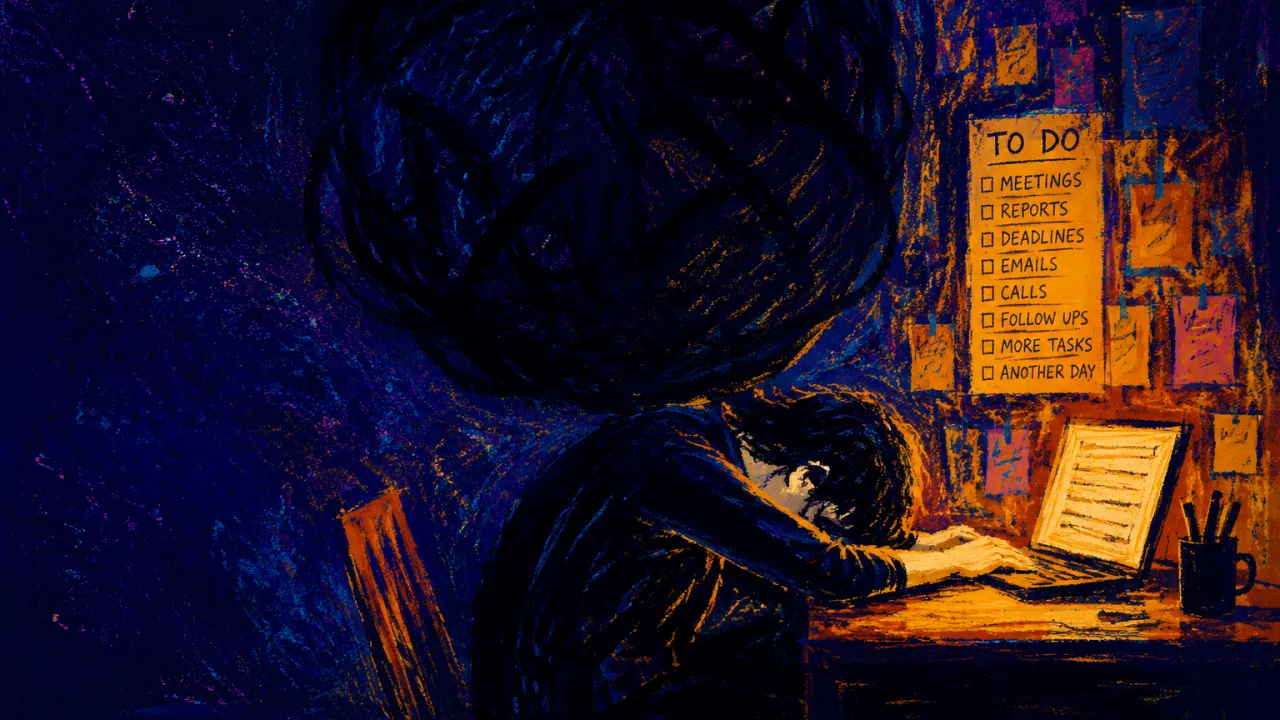A figure pinned beneath a dark ceiling in a blue-lit office, laptop nearby, amber light fading into indigo.