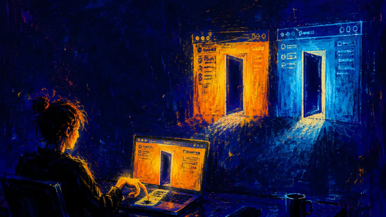 A figure at a late-night desk in a doorless room, hand above a trackpad, with two amber-and-blue windows facing blank walls.
