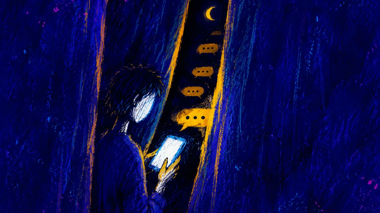 Surrounded by Rules Never Spoken An enclosed figure between curtained panels holds a phone of amber ellipses, bordered by cold indigo space.