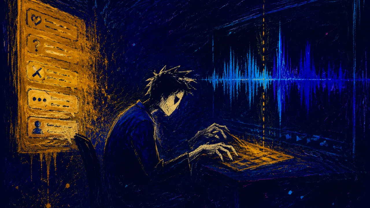 Seated figure in a dark doorless room, hands above a keyboard between amber message text and an indigo audio waveform.