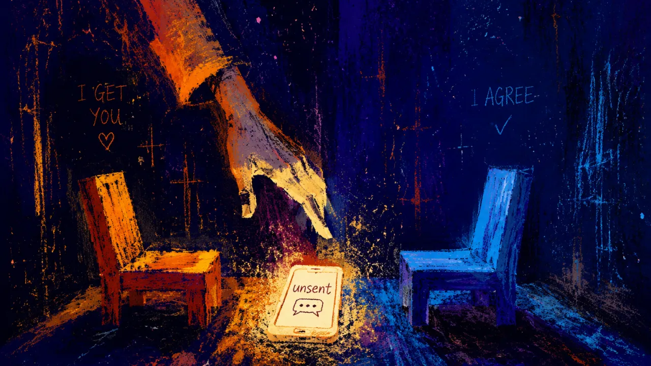 A figure in a doorless room, an unsent phone message glowing between opposing chairs, warm amber held against cold blue.