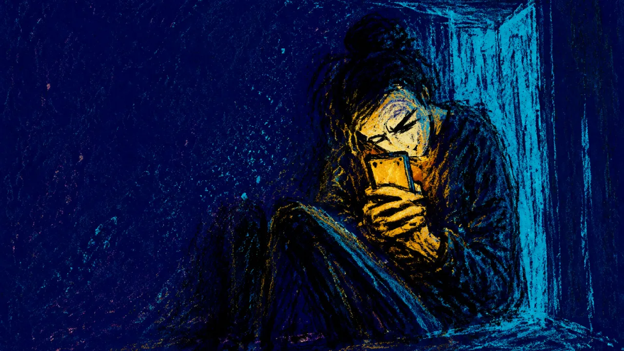A seated figure in a dark windowless room holds a blank phone to their chest as amber frames narrow into cold cyan.