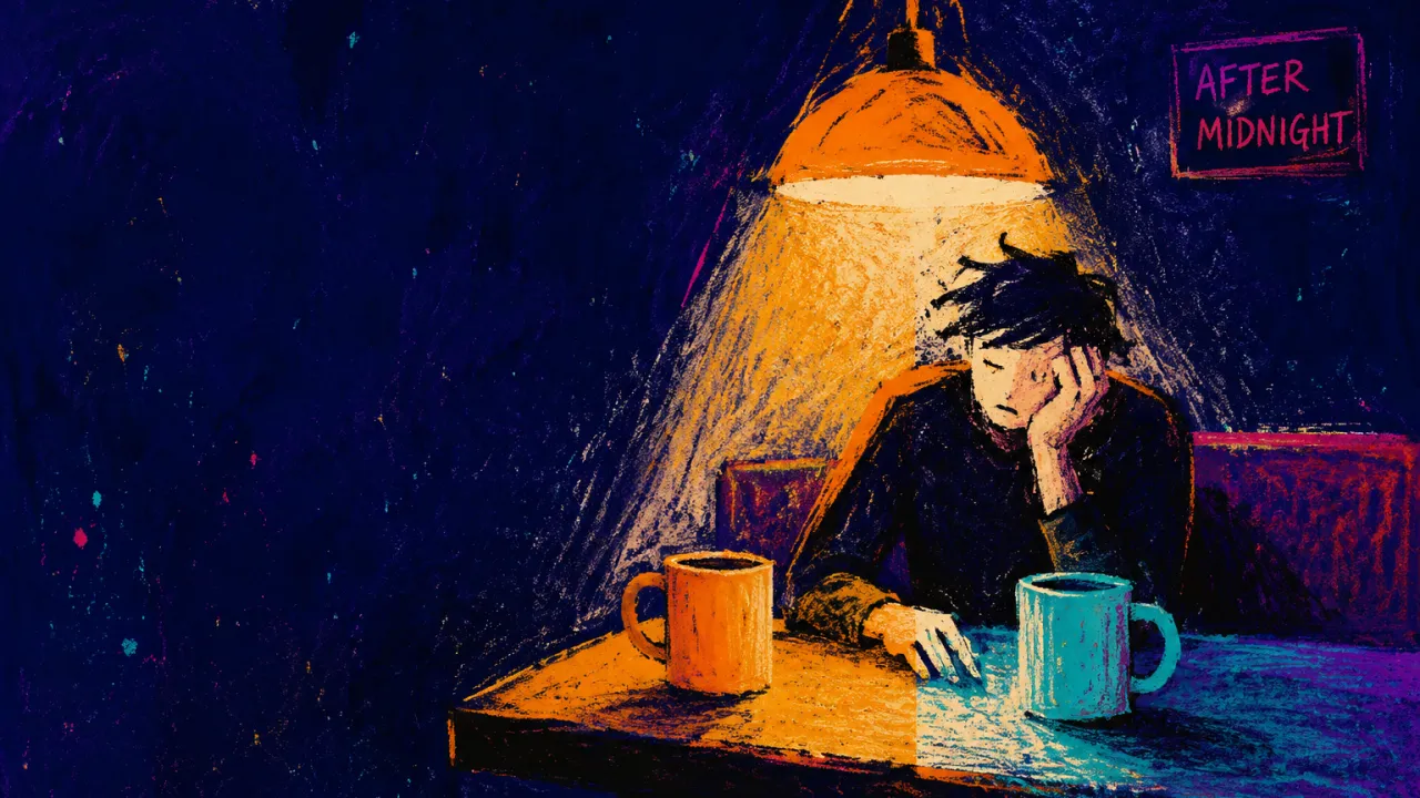 Enclosed by What Feels Known A figure in a dark diner alcove with no visible exit, hands held still between uneven matching mugs in amber and cyan light.