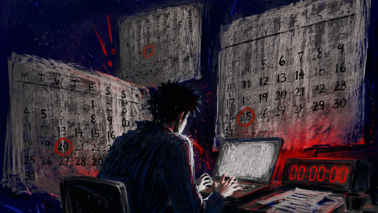Ready Only When Time Closes In A seated figure enclosed by calendar panels at a midnight desk, blank laptop lit by cool grey and deadline-red light.