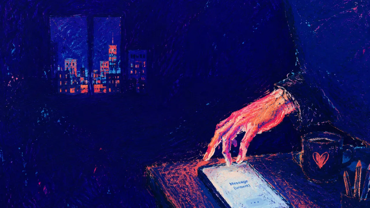 A figure in a deep-indigo room, hand hovering above an unsent message, with warm coral city windows beyond.