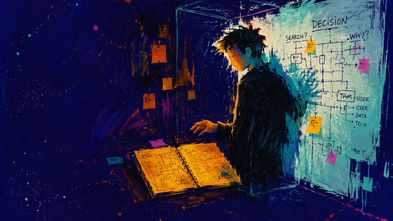 Figure in a dark doorless meeting room between an open notebook and whiteboard, amber light meeting cyan at one shoulder.