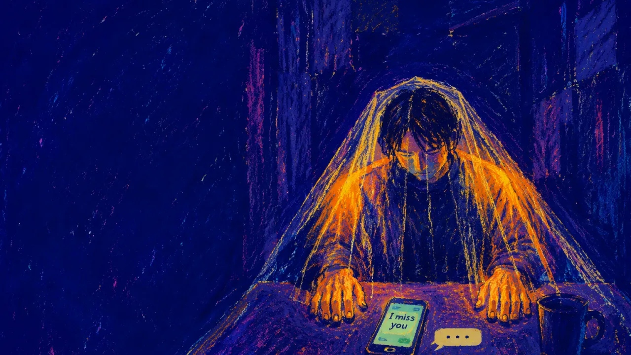 A seated figure behind a translucent veil beside an unsent message, warm amber light held within a doorless indigo room.