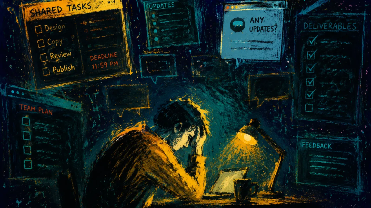 A figure enclosed by floating checklists and blank message windows, amber-lit shoulders against cold teal-black shadow.