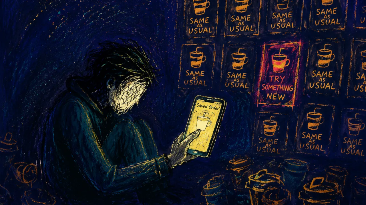 A figure in a windowless room holds a glowing phone amid repeated amber menu screens, with one coral option in cold teal.