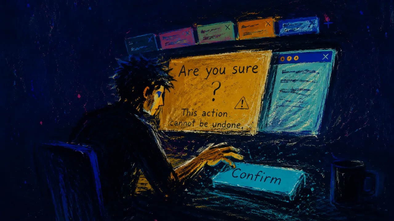 Frozen Before the Click A seated figure enclosed by floating browser tabs, one hand hovering above a cyan button amid amber light and black space.