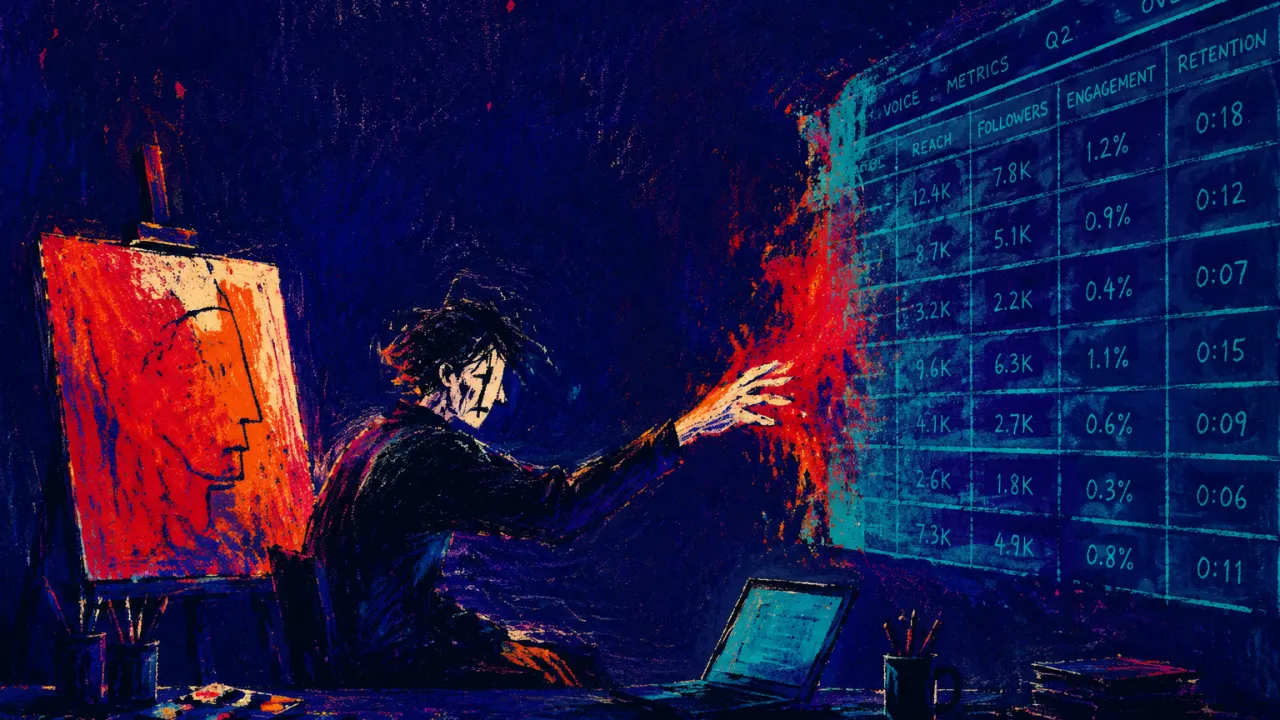An enclosed figure at a midnight desk, one hand hovering between a vermilion canvas and a cyan metrics dashboard.