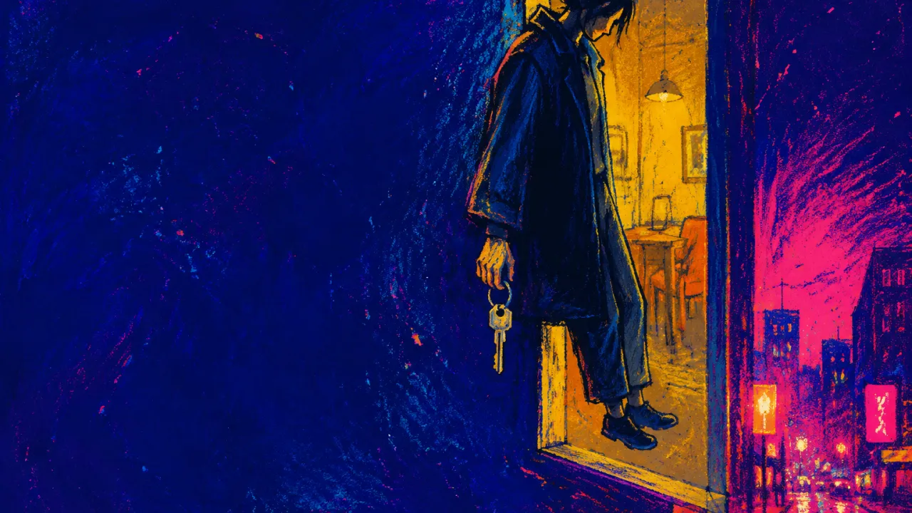 A figure floats above an apartment threshold, holding keys between warm amber rooms and a magenta street under blue shadow.