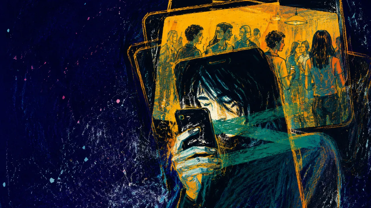 Figure enclosed by overlapping amber phone-screen frames, holding a dark phone as teal bands line the shoulders in dark space