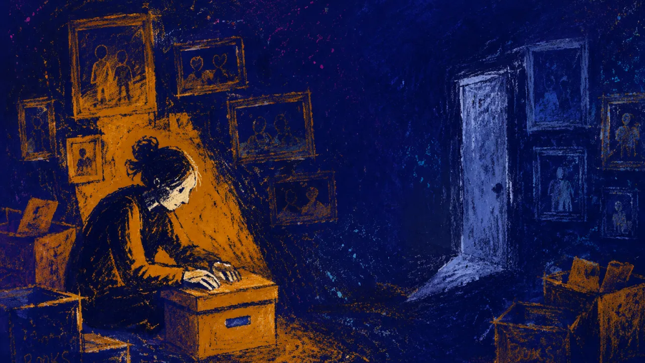 Held Still by What Stays A seated figure enclosed by half-packed boxes, both hands on a memory box, amber frames narrowing a deep indigo doorway.