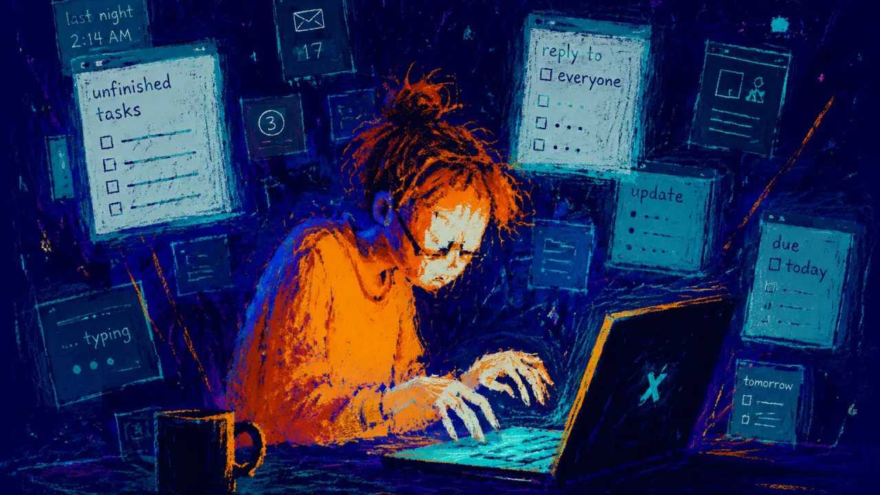 Enclosed by What Needs Doing A seated figure enclosed by glowing screens and task lists, hands over a keyboard, amber edges against cold teal.