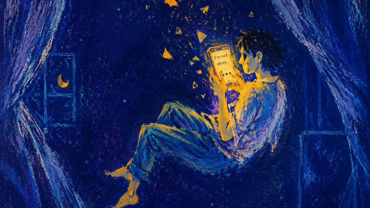 Suspended Before the Answer A full-body figure floats above a dark bedroom floor, holding a glowing phone with amber text before sheer indigo curtains.