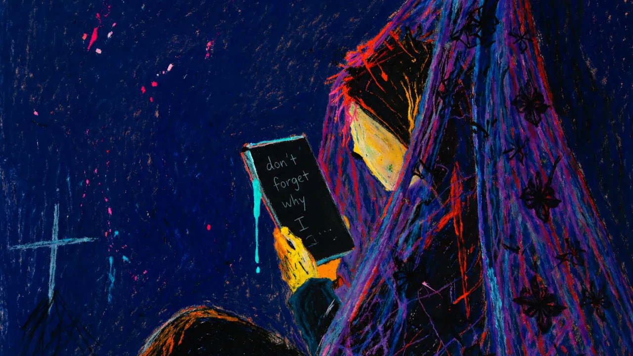 A figure sits in a doorless room behind layered veils, holding a half-written phone message glowing cyan in amber and indigo.