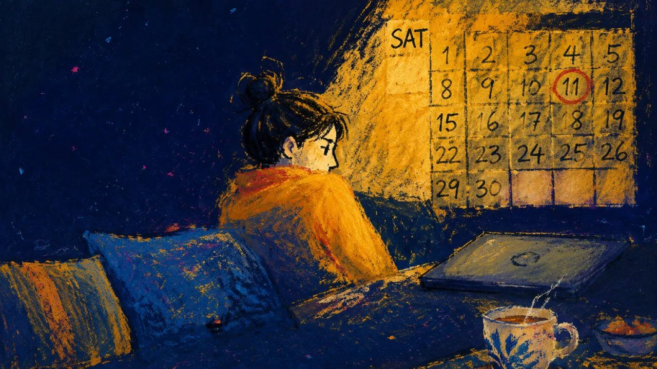An enclosed figure on a Saturday sofa, boxed by calendar grids, with a closed laptop and cooling tea in gold and blue light.