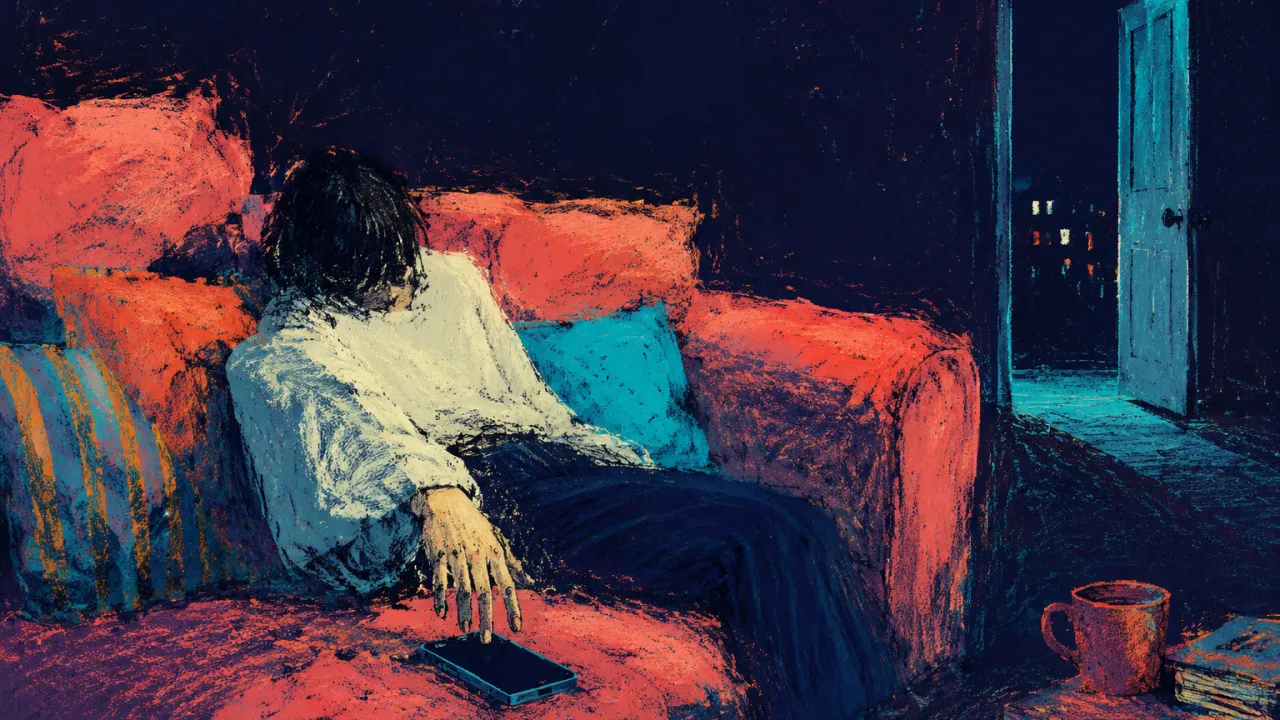 A seated figure enclosed by layered sofa cushions, one hand above an unlit phone, warm coral meeting deep charcoal.