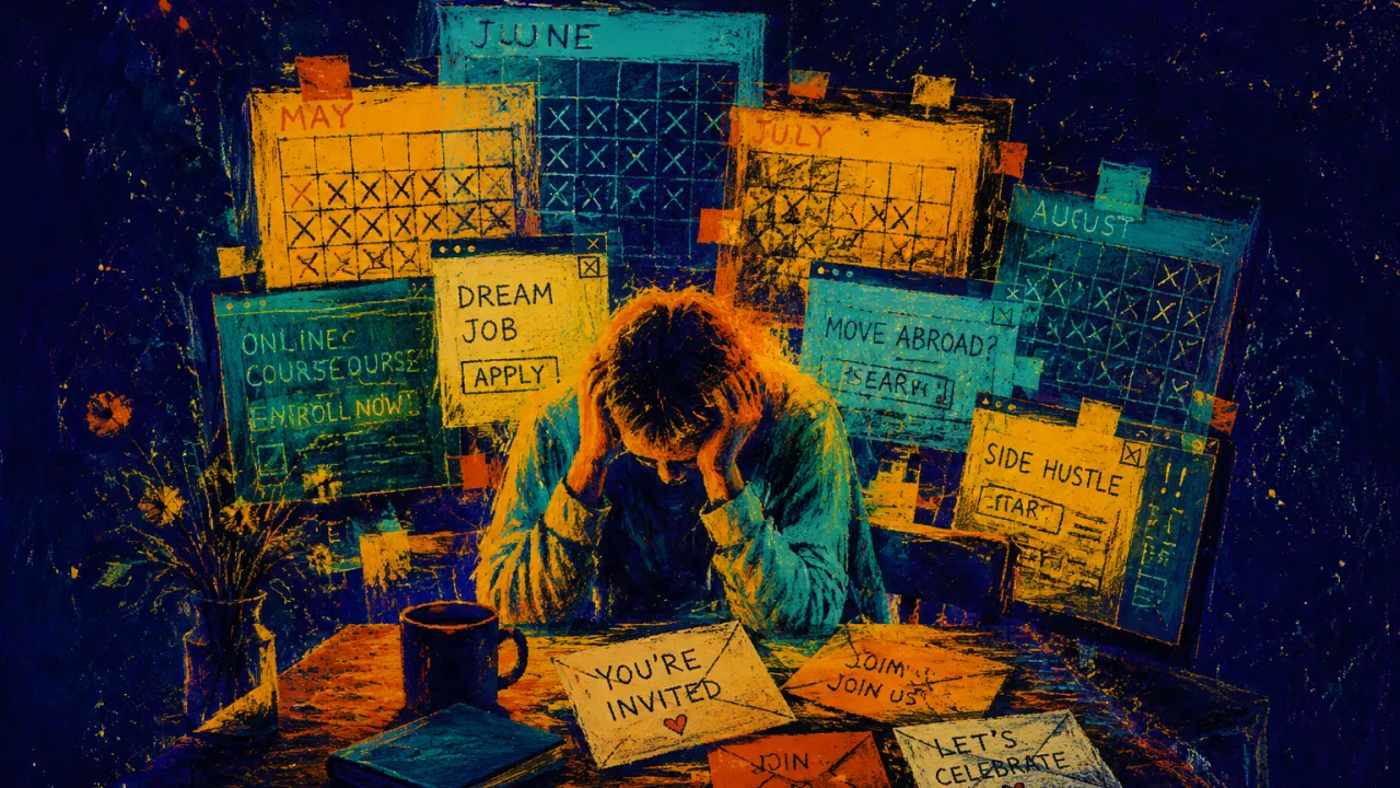 Surrounded by Every Possible Life A seated figure in a dim doorless room, raised shoulders amid glowing tabs, layered calendars, and amber-to-teal light.