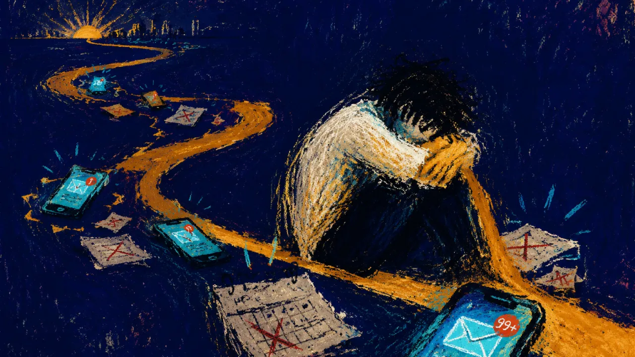 A figure enclosed by a looping dark corridor follows an amber route past cyan phone alerts and marked pages at every turn.
