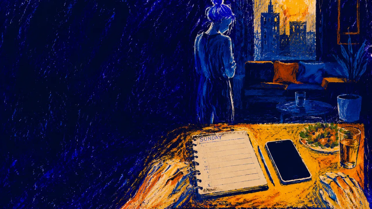 When Polish Replaces Support Standing figure in a styled room with no doors, hands beside a blank phone and planner, amber fading into blue shadows.