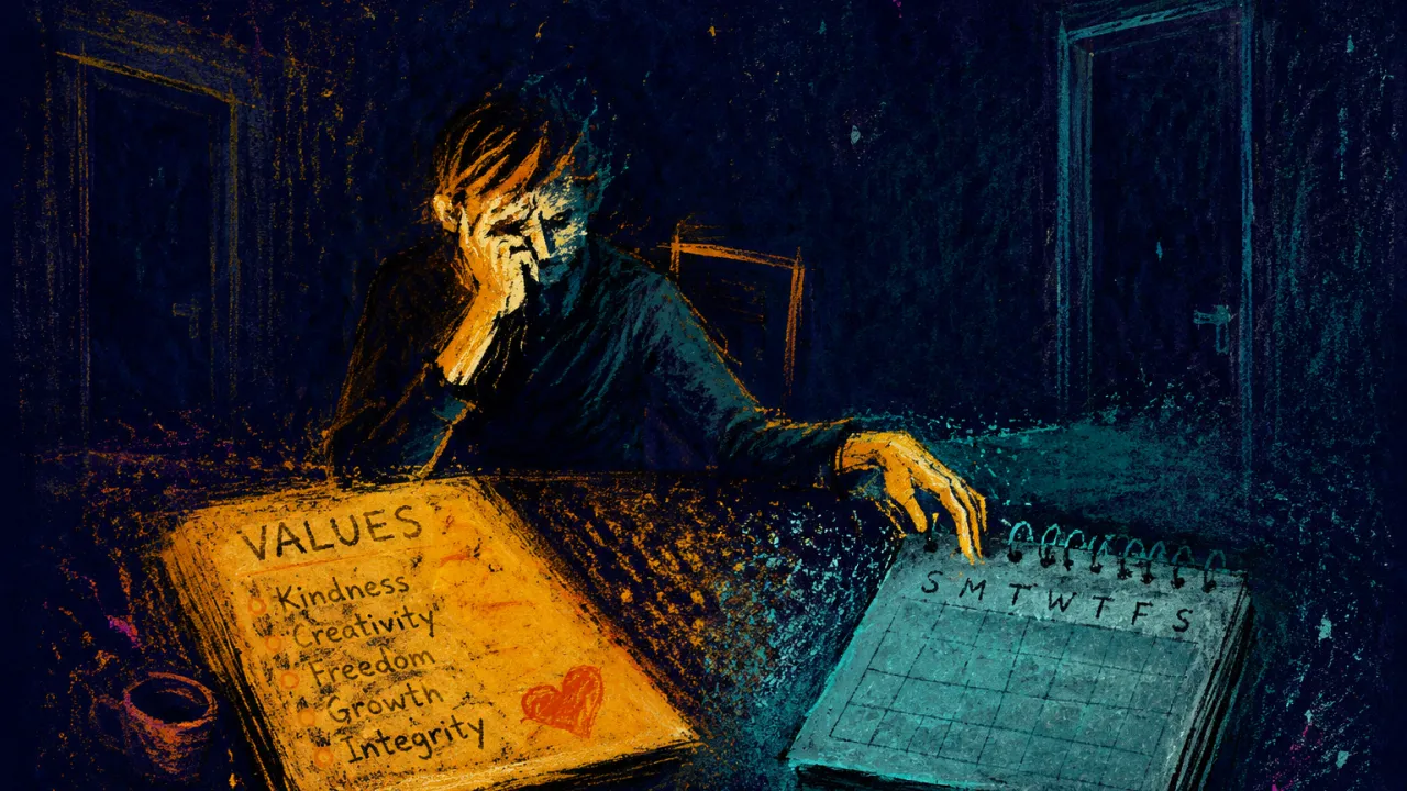 Seated While Life Moves Elsewhere A seated figure between an open values list and untouched calendar, warm amber stopping against cold teal in a doorless room.