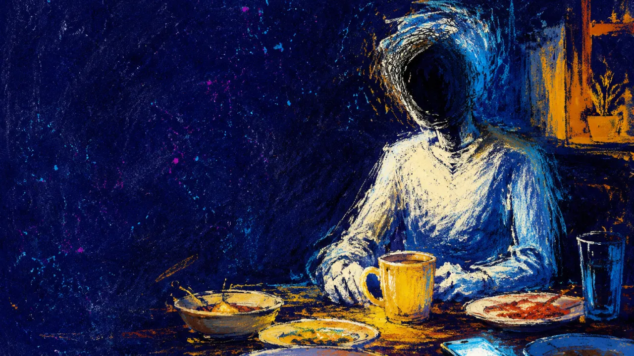 Surrounded by warmth, still hollow A hollow figure at a full kitchen table, hands beside a steaming cup, amber light stopping at the torso against cold blue.