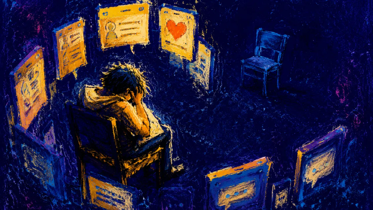 A seated figure enclosed by glowing screens, amber shoulders against a frozen chair, with an empty chair in indigo space.
