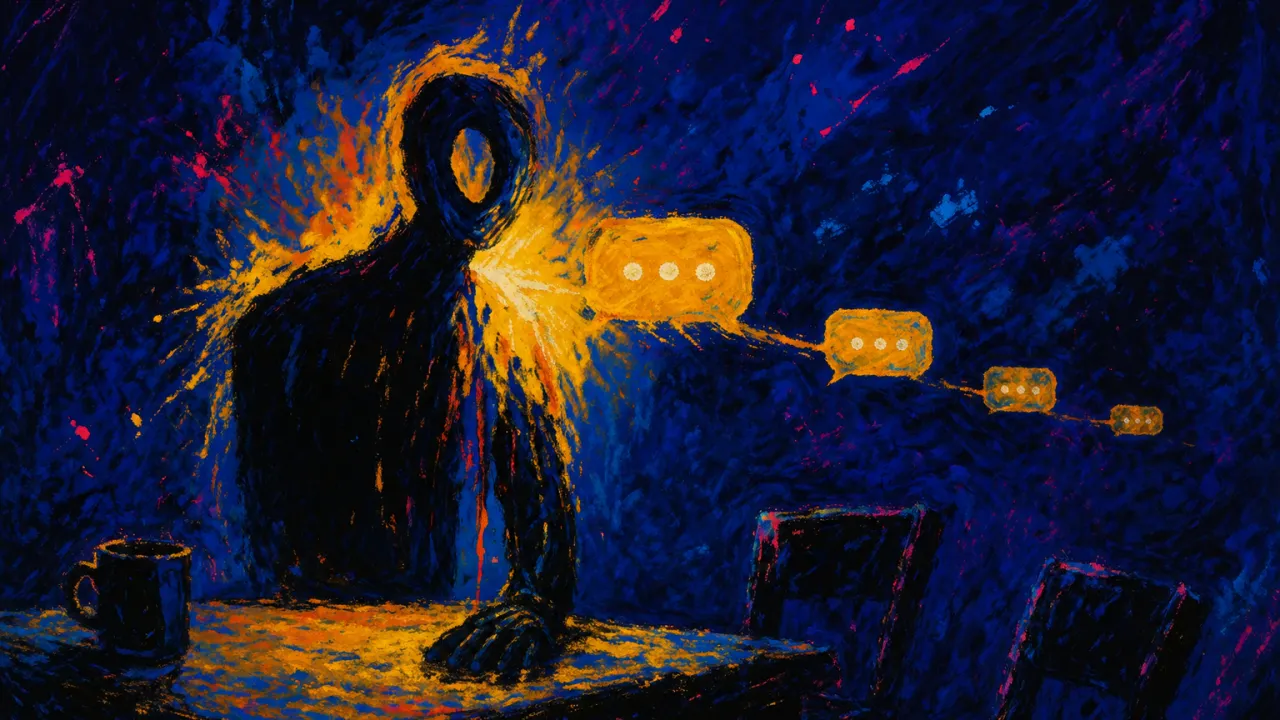 A hollow figure beside a kitchen table, amber messages reaching empty chairs as cobalt-blue space surrounds a blank screen.