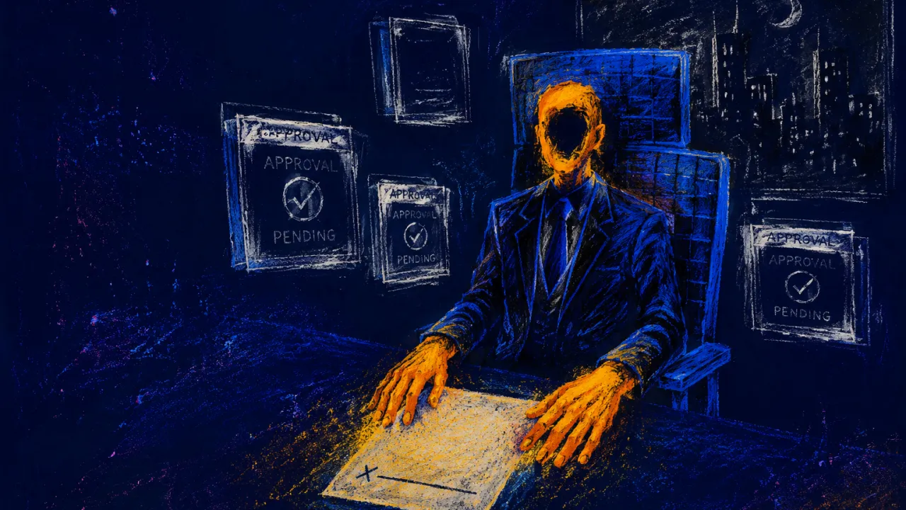 Held Upright by Borrowed Answers A hollow figure in a high-backed chair, hands beside an unsigned page, amber light held inside cobalt grids and white screens
