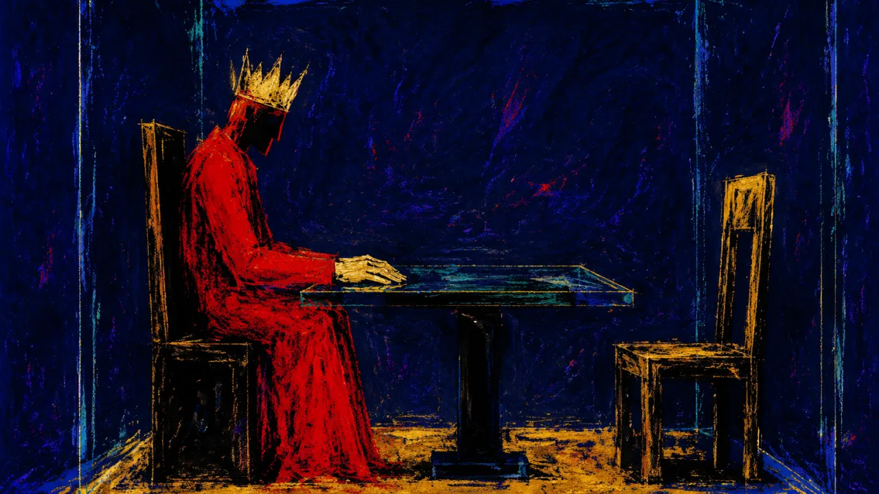 No Equal Beside the High Seat A figure seated high inside doorless glass walls, still hands on a table, facing an empty chair in crimson and gold.