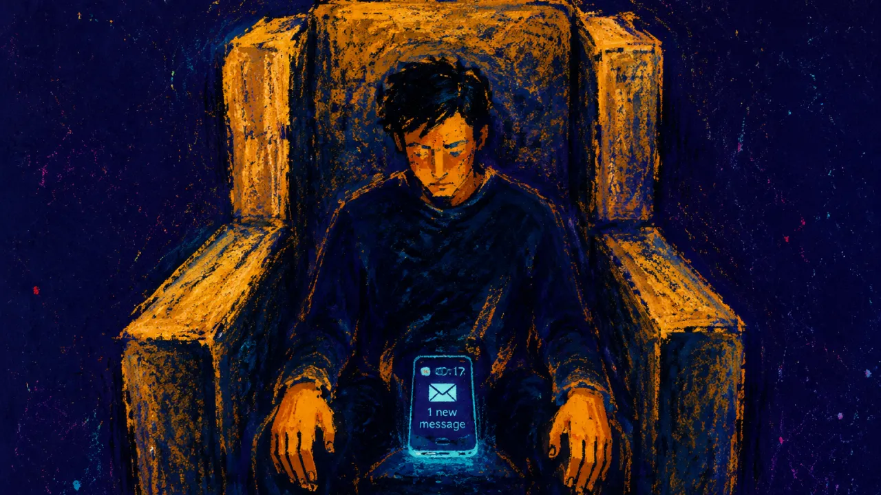 When Protection Becomes the Room A seated figure enclosed by a stone chair, still hands beside a phone displaying an unopened message, amber edged by indigo.