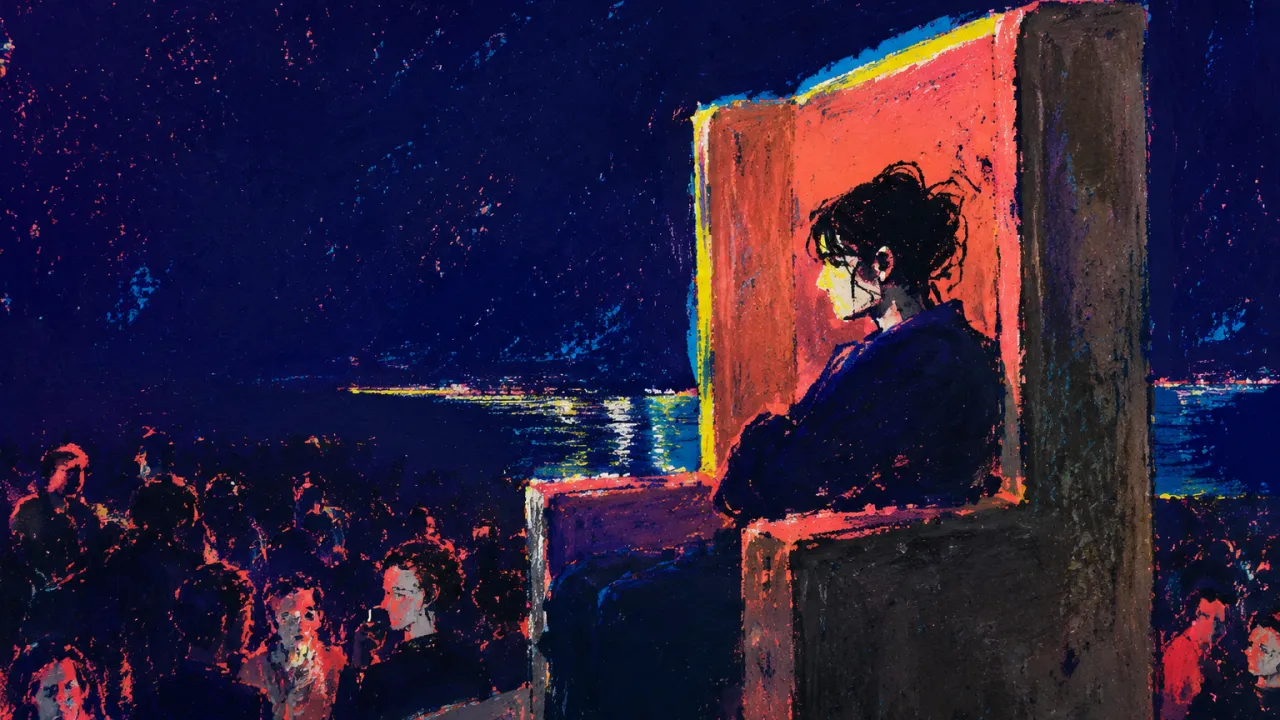 Raised Above, Kept at the Edge A figure sits enclosed by a high-backed chair, ringed by peers, shoulders edged in coral against petrol-blue shadow.