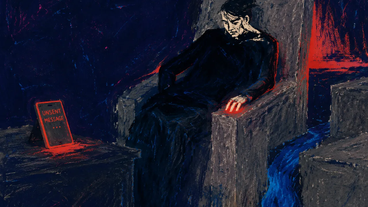 A seated figure enclosed by a grey stone chair, one hand on the armrest, with warm red light and a blue stream behind.