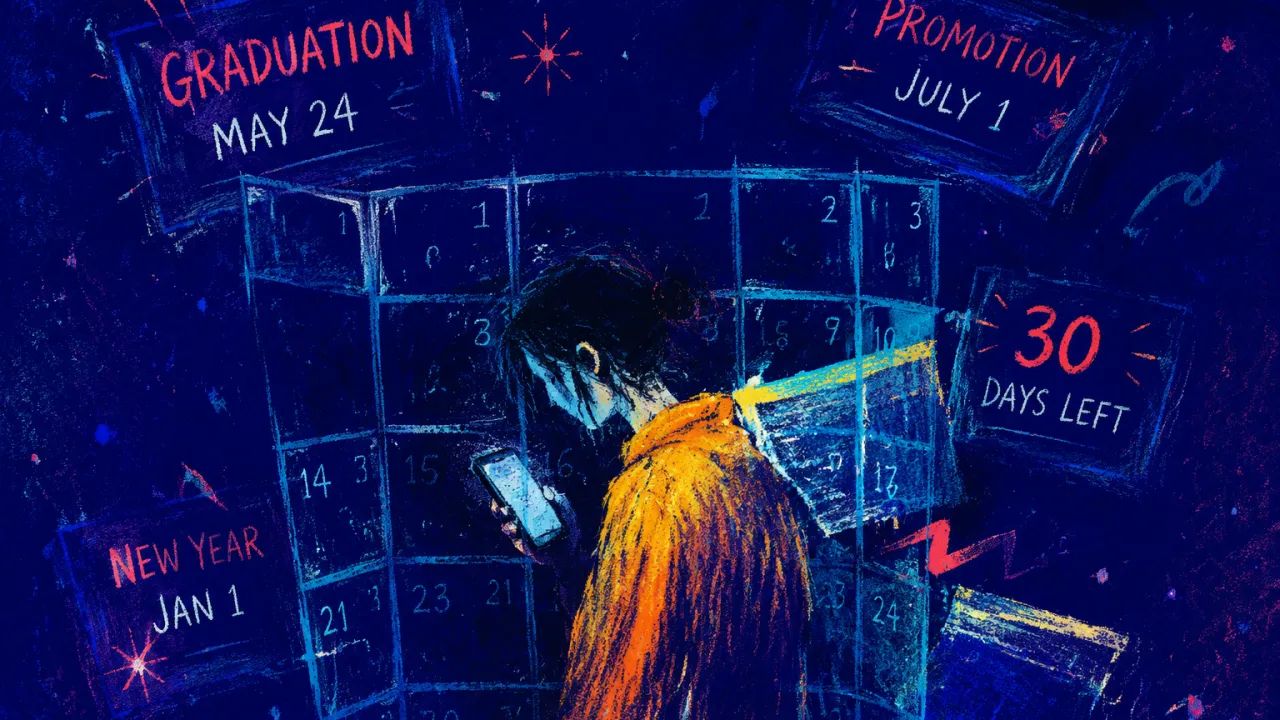 Enclosed by everyone else’s timeline An enclosed figure holds a dim phone inside doorless calendar grids, with amber fabric against cyan squares in indigo space.
