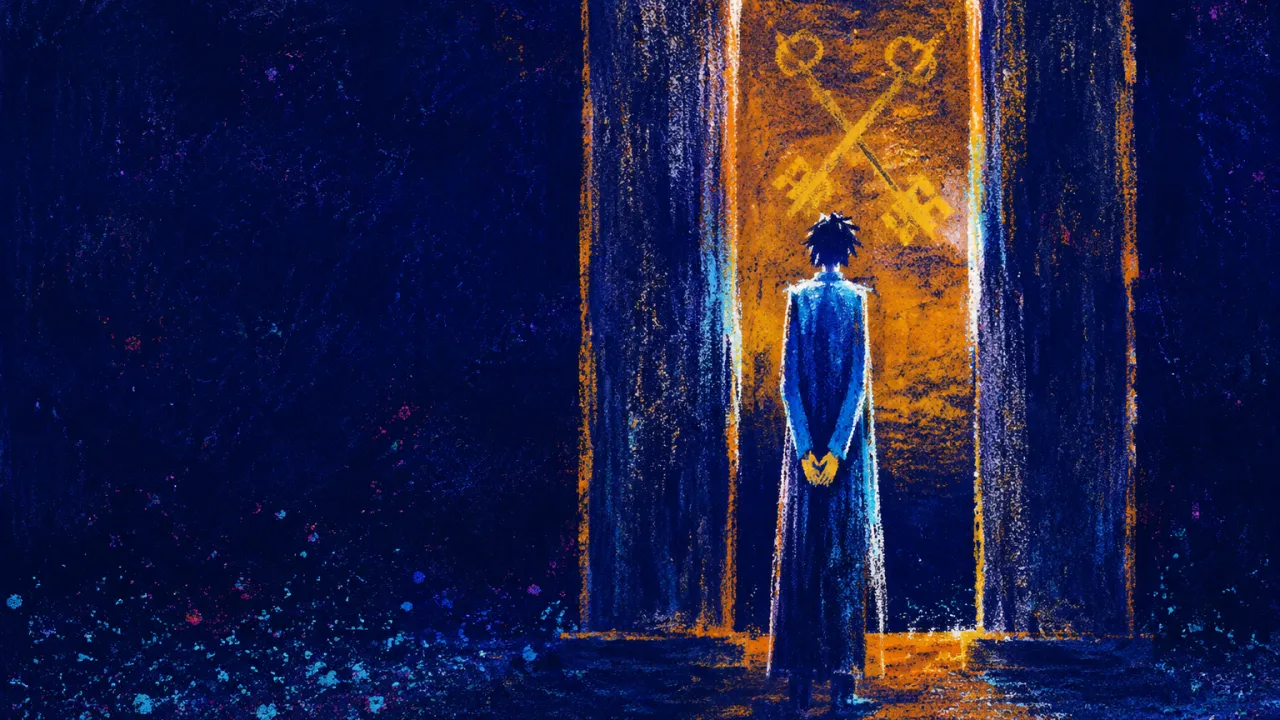 Waiting Before Unclaimed Keys A figure stands between dark pillars, hands still, with amber crossed keys beyond a clear indigo threshold.
