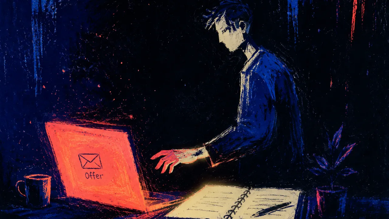 A figure in a doorless black office, one hand hovering between a coral-lit offer email screen and an ivory-lit open notebook.