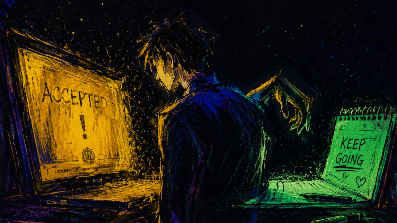 A figure enclosed between a gold-framed screen and green-lit notebook, one hand suspended above a desk in deep black space