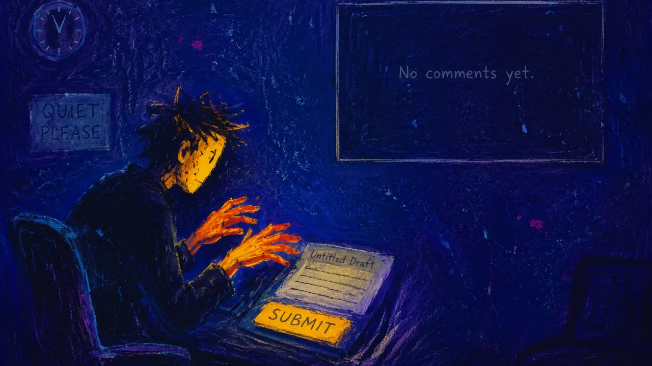 Waiting for Someone Else's Signal A figure at a midnight desk, hands above an unsent draft, framed by doorless walls, amber light against indigo shadow.