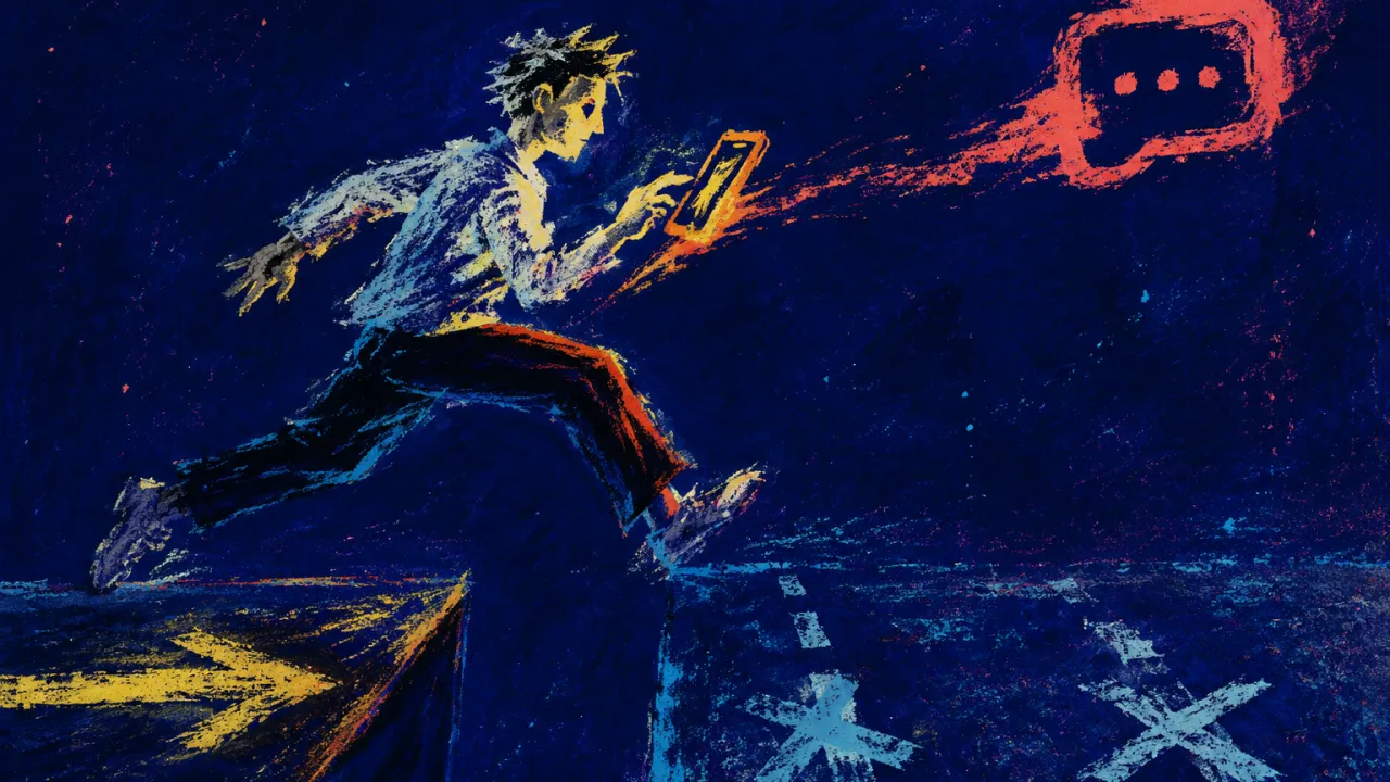 Suspended Between Spark and Ground A figure suspended mid-stride over an unfinished threshold, a coral phone glow stretching ahead into deep indigo space.