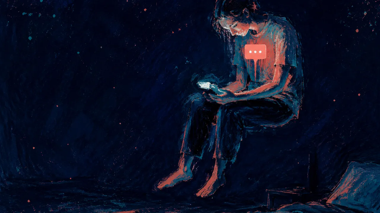 Open With Nowhere to Land A figure hovers above a bedroom floor, an unanswered phone glowing in open hands, coral pressed against midnight teal.