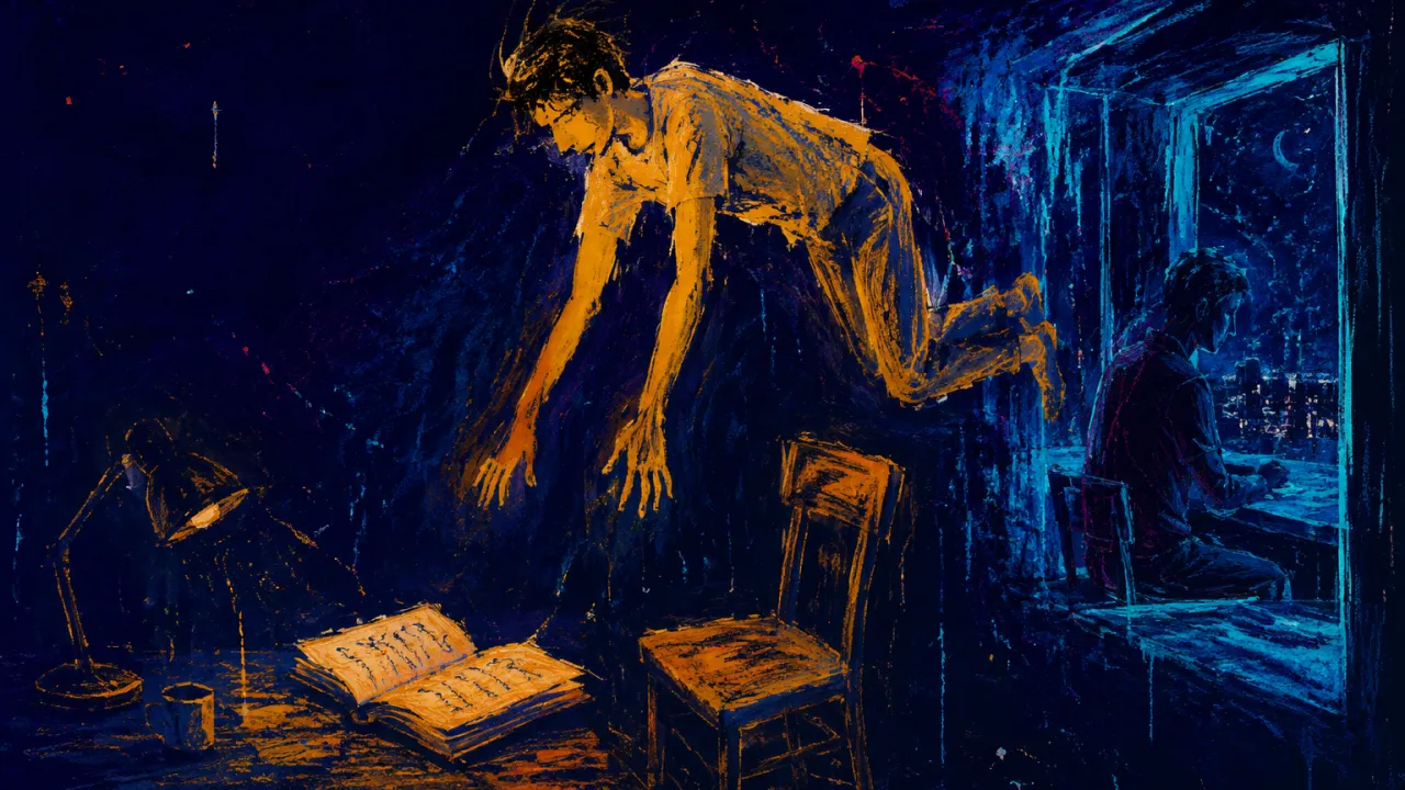 A figure floats above a chair and open journal while a seated window reflection glows amber against cold cyan shadow.