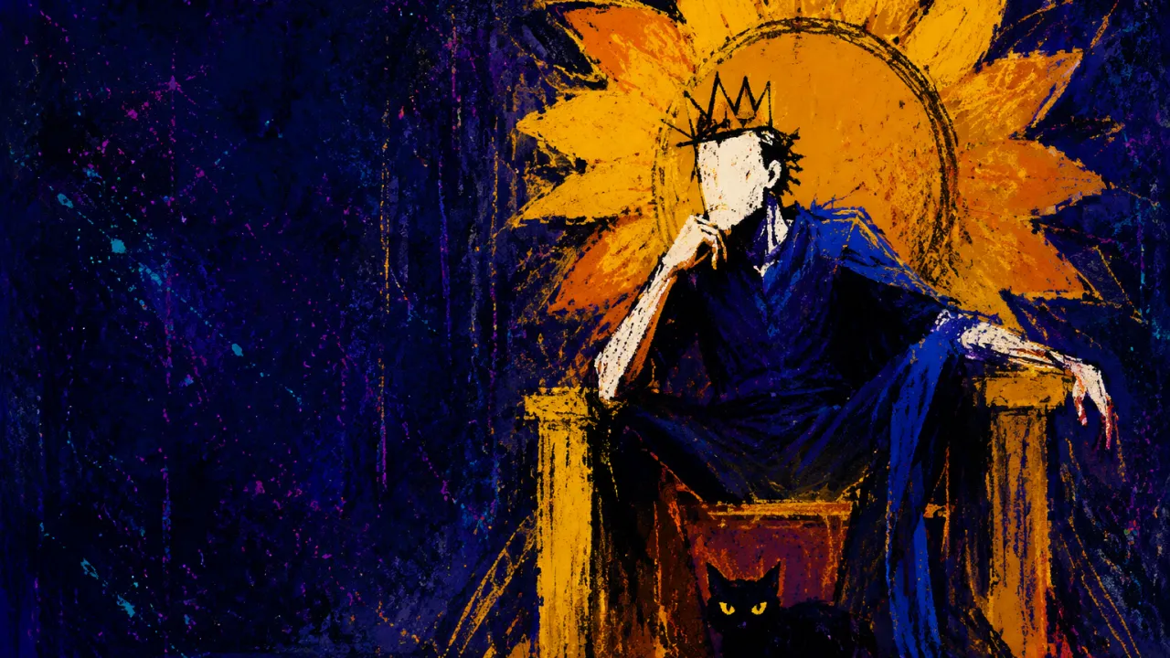 An upright figure in a doorless indigo room, a black cat beneath a sunflower throne, amber light resting on one shoulder.