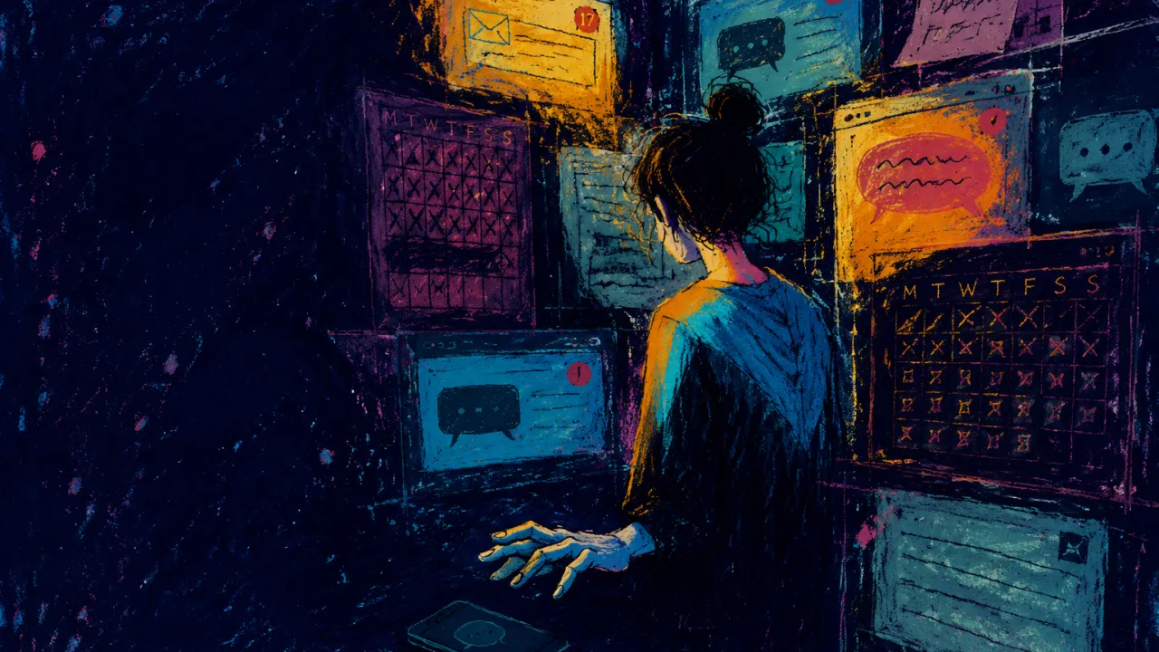 Stationed at Every Edge A figure with a muted phone stands inside a doorless room of message screens, amber edges pressing into cyan shadow.