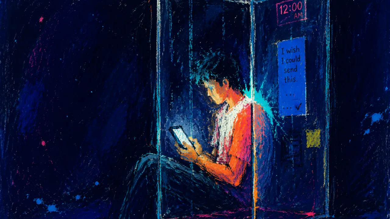 Guard and Guest at Once A figure sits inside a transparent booth, shoulder against a cold-cyan wall, holding a phone in warm coral and black light.