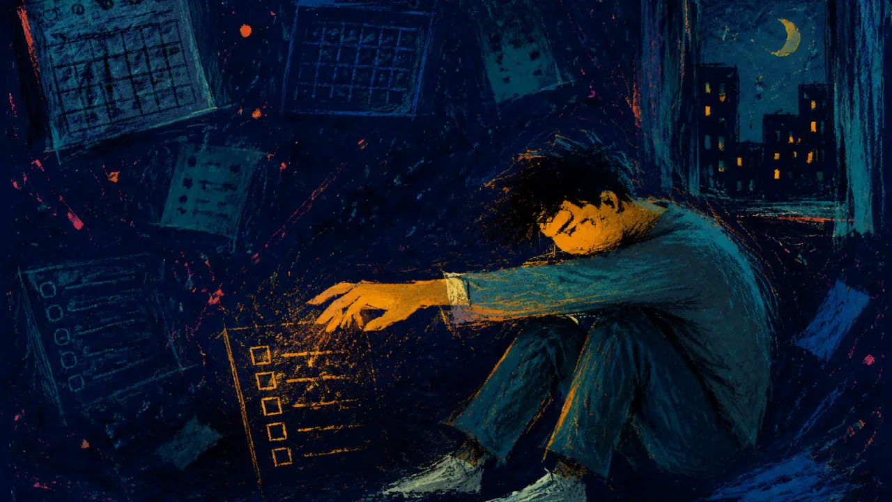 Seated figure pinned among floating calendars and unchecked trackers, one hand hovering in amber light against dark teal.